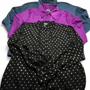 Bundle of Women’s Worthington Satin Button-Up Shirts Polka Dot Purple Blue Sz M